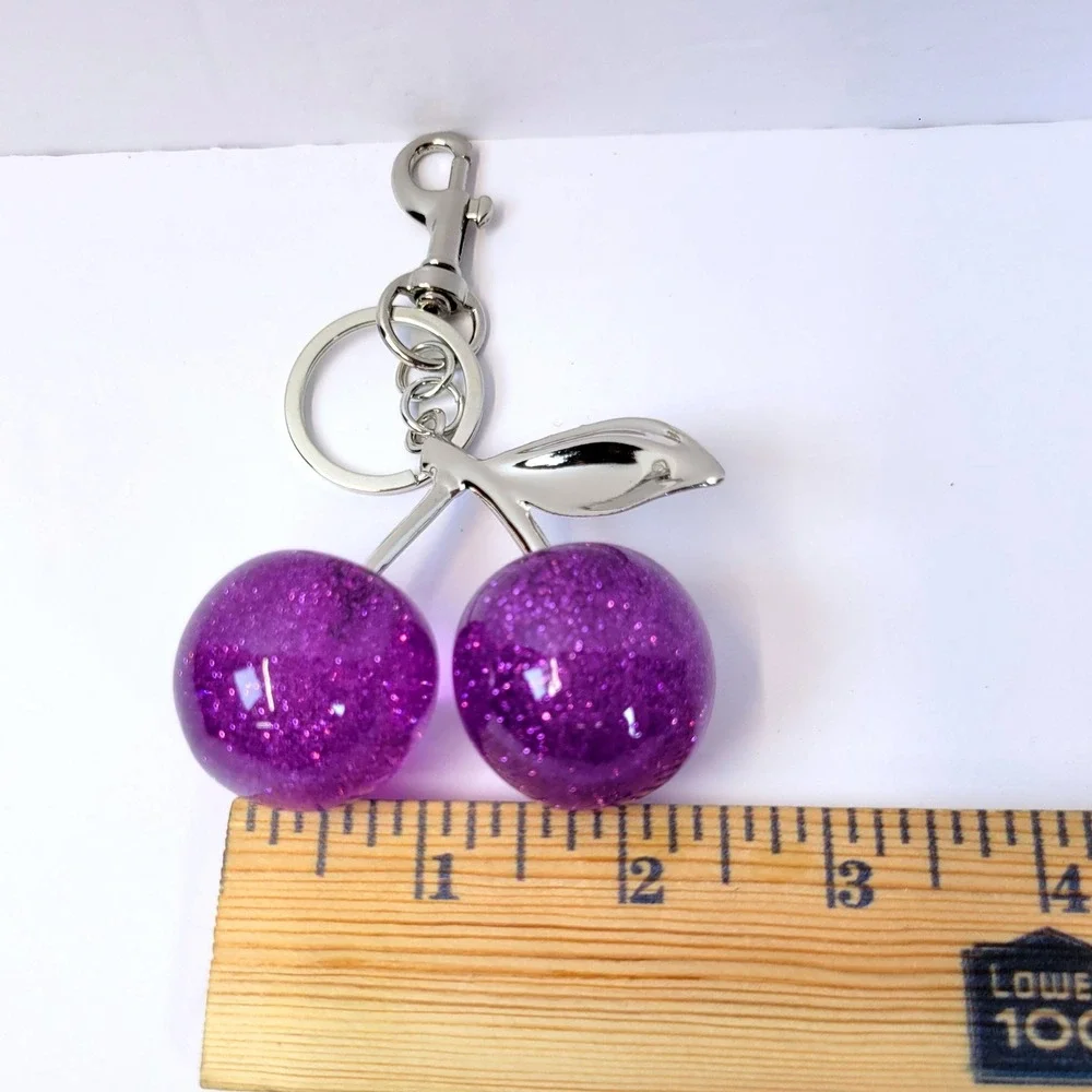 Bag Charm Cherry Keychain Glitter Resin Purple Womens Gypsy Fairycore Whimsical